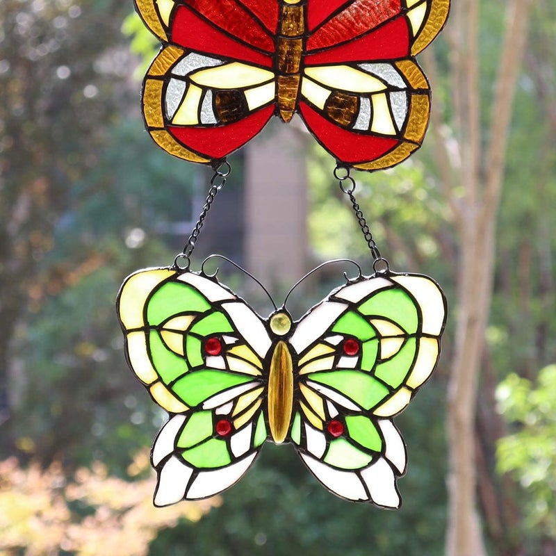 Bieye W10053 Butterfly Tiffany Style Stained Glass Window Panel with 3 Pieces Hanging Successively Within Chains, 12" W x 25" H - Image 4